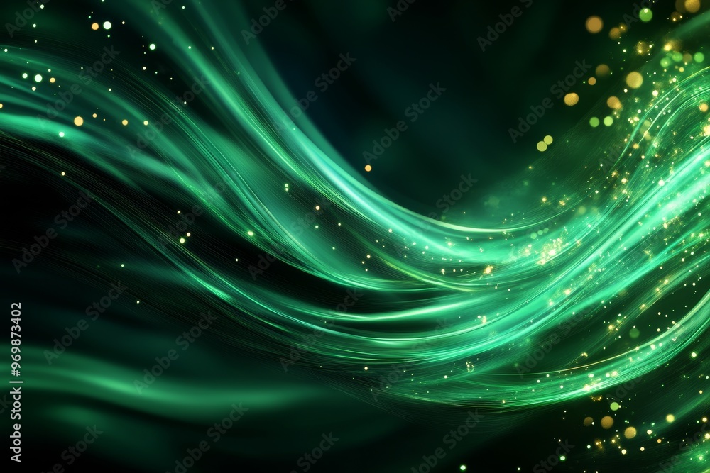 Poster a captivating abstract design featuring vibrant emerald green flowing lines against a dark backgroun
