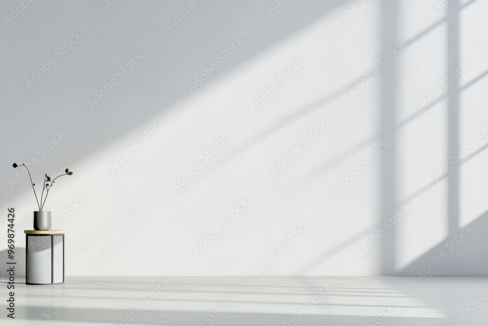 Poster a clean and minimalist white room with a single plant on a side table. sunlight streams through a wi