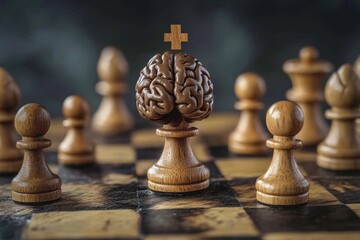 A chessboard with a brain on top of a pawn, representing the power of brain training to enhance memory and focus.  The surrounding pawns symbolize the challenges we face, while the brain strategically