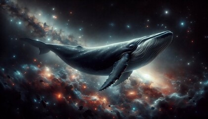 Surreal cosmic whale floating in space with galaxy backdrop, celestial marine life in outer space, fantasy space art illustration
