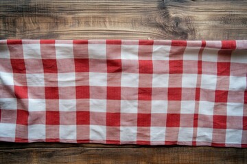 Obraz premium A classic red and white checkered tablecloth draped across a rustic wooden table, symbolizing warmth, homeliness, and the joy of gathering around a table for meals and celebrations.