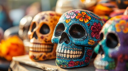 Fototapeta premium Colorful Sugar Skulls Decorated with Flowers