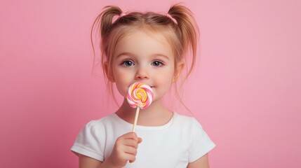 A little girl is holding a lollipop in her mouth