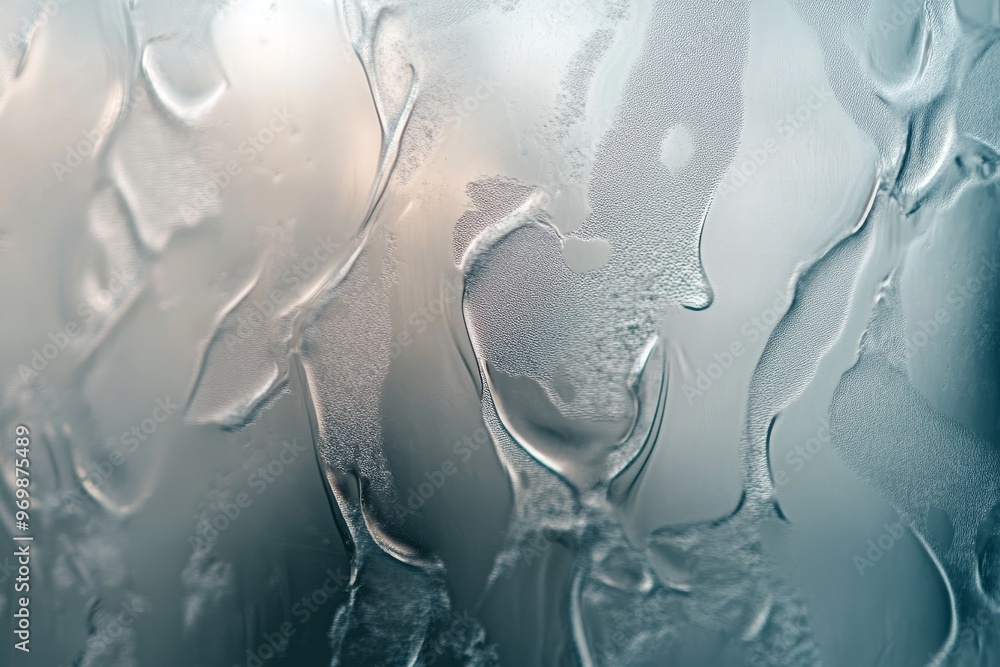 Poster A close-up of a textured glass surface with frosted elements creating an abstract pattern. The light shines through the glass, creating a soft and ethereal effect. The image evokes a sense of mystery,