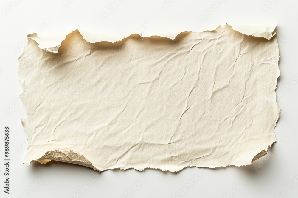 Poster a close-up photograph of a piece of torn, wrinkled paper with soft shadows. the texture of the paper