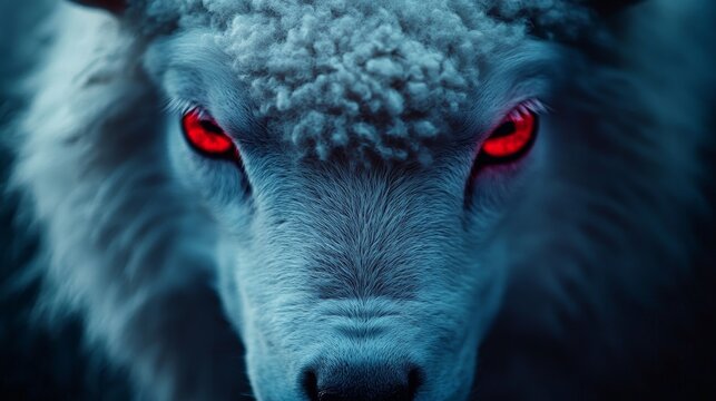 A close-up portrait of a sheep with piercing red eyes, symbolizing deception, hidden danger, false appearances, and the duality of nature. The image evokes a sense of unease and the need to be cautiou
