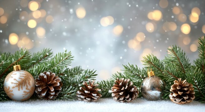 Festive holiday decorations featuring ornaments and pine cones on a table with twinkling lights