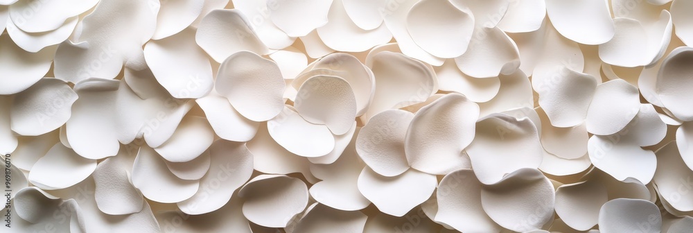 Poster a close-up shot of a large amount of delicate white flower petals. the petals are arranged in a rand