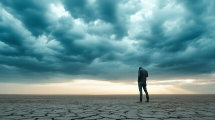 A lone figure stands on cracked, barren ground under a dramatic, cloud-filled sky, evoking feelings of solitude and contemplation amidst a desolate landscape.