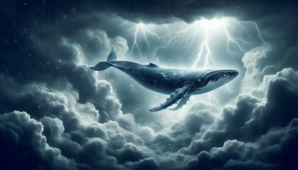 Fototapeta premium Whale Emerging from Storm Clouds with Striking Lightning