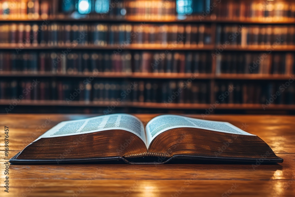Aufkleber a close-up shot of an open book lying on a wooden table in a library. the book's pages are visible, 