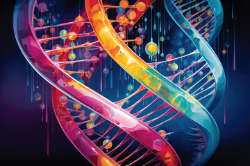 generated illustration of DNA. abstract 3d polygonal wireframe DNA molecule helix spiral on purple.