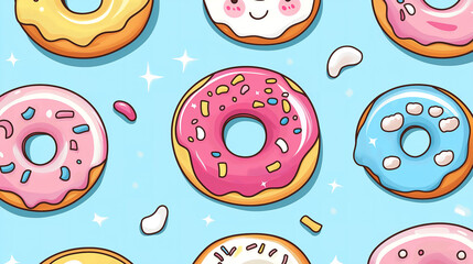 Playful donuts with delightful kawaii character illustrations in a seamless cartoon vector pattern, ideal for imaginative children's products and fun food themes.