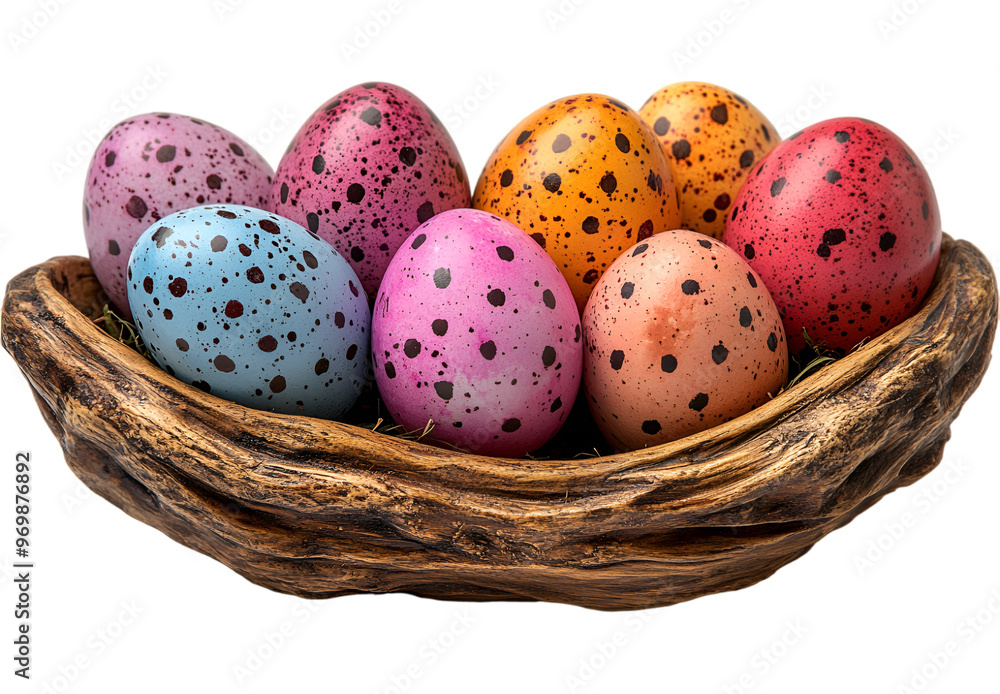 Poster a group of colorful eggs in a nest.