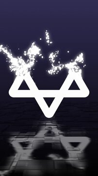 Symbol of judaism, star of David symbol made of glowing white particles disappear and dissolve on reflecting blue floor and dark background. Vertical video.