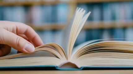 Fototapeta premium A person's hand is touching the open book on a table, AI