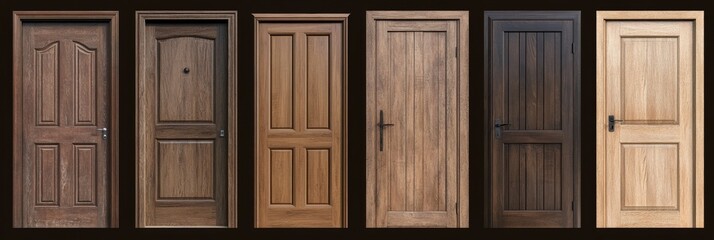 Fototapeta premium A collection of six different wooden doors isolated on a white background. The doors are all different styles and finishes, providing a variety of options for homeowners and designers.