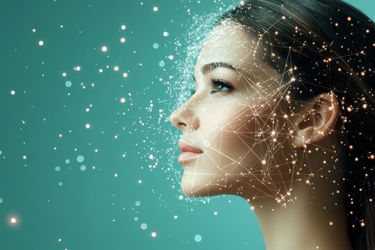 Neural oscillation brain computer interface computational neuroscience machine intelligence and synaptic integration woman with neural digital patterns on face has futuristic ideas and mental clarity