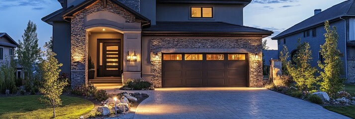 A contemporary suburban home with a sleek exterior, featuring a stone facade, an attached garage, and a beautifully landscaped yard. The home is illuminated by warm lighting, creating a welcoming and 
