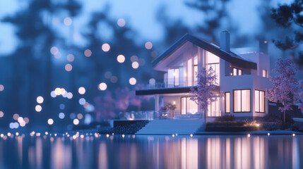 A modern, illuminated lakeside house at dusk, surrounded by trees and reflected in calm water, creating a serene and picturesque scene.