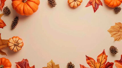 Autumn flat lay background with pumpkins and fall leaves, featuring autumn decorations and copy space.