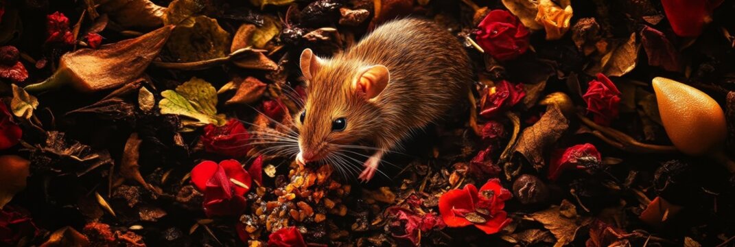 A cute brown mouse with large ears is nestled in a bed of colorful spices, meticulously nibbling on a small piece of food. The image captures the essence of nature's cycle, with the mouse representing