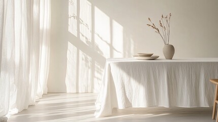 Crisp white linen tablecloth with small, barely noticeable wear marks, draped elegantly over a minimalist table in a bright, airy room