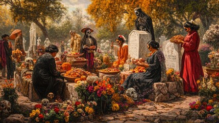 Fototapeta premium Day of the Dead Celebration in a Cemetery