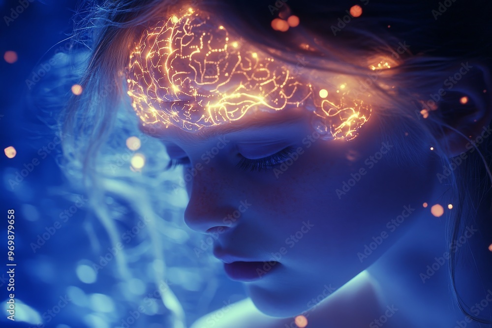 Poster bioelectricity brain function neuron neuron circuit and brainwave woman’s brain illuminated with glo