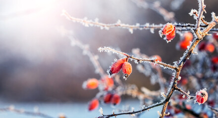 frost-covered rosehip bush with red berries in winter in sunny weather