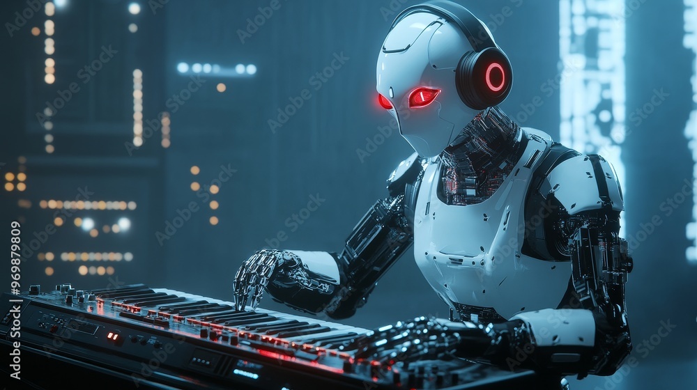 Poster a highly detailed robot with glowing red eyes and a white body is playing a keyboard. the robot is w