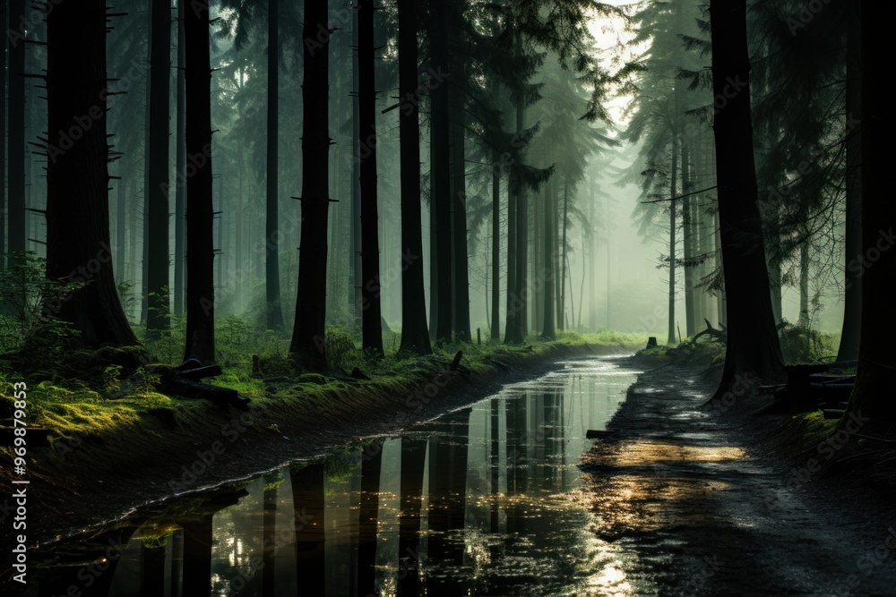 Poster serene forest path illuminated by sun rays filtering through trees during early morning hours