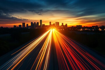 Obraz premium A highway stretches towards a city skyline at sunset, with the lights of cars creating streaks of color on the asphalt. The image symbolizes progress, urban life, and the pursuit of opportunity.