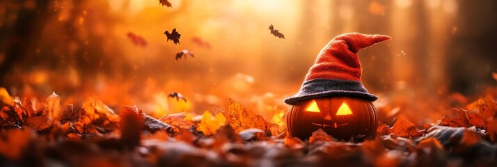 A jack-o'-lantern wearing a gnome hat sits amidst a bed of autumn leaves. The warm colors of the leaves and the glowing light of the jack-o'-lantern create a festive and whimsical scene. The image sym