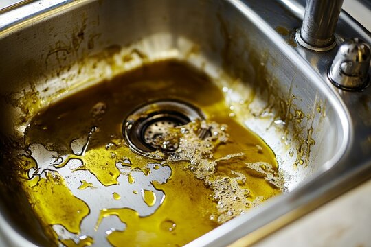 A kitchen sink clogged with used cooking oil, highlighting the importance of proper disposal and preventing drain blockages.  The image depicts a common household problem that can lead to plumbing iss