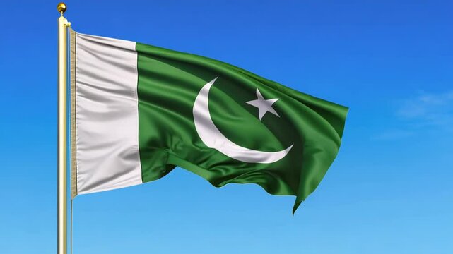 Pakistan flag waving in front of the blue sky. Country flag in motion, symbol of victory and patriotism