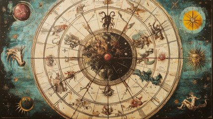 Obraz premium Depict a detailed astrological chart or wheel featuring all twelve zodiac signs. Show how the signs are positioned within the chart and how they relate to one another
