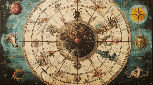 Depict a detailed astrological chart or wheel featuring all twelve zodiac signs. Show how the signs are positioned within the chart and how they relate to one another