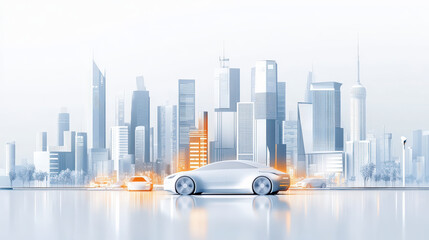 Obraz premium A futuristic cityscape with sleek, autonomous vehicles gliding smoothly along reflective streets under towering skyscrapers bathed in soft light, showcasing advanced urban transportation.