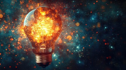 Light bulb with fire effect on dark blue background.