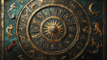Naklejka premium Depict a detailed astrological chart or wheel featuring all twelve zodiac signs. Show how the signs are positioned within the chart and how they relate to one another