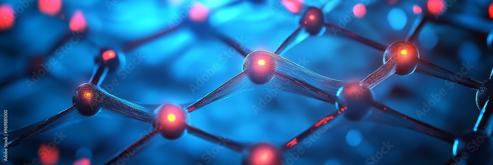 Poster a microscopic image of a graphene material illuminated with red light, showcasing the intricate atom