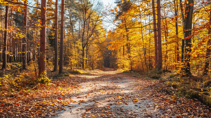 Fototapeta premium Autumn forest scenery featuring a road covered in fall leaves, with warm light illuminating the golden foliage. A footpath winds through the colorful forest, showcasing vivid October days 