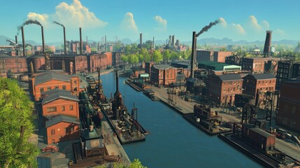 Industrial Cityscape with River and Smoke Stacks