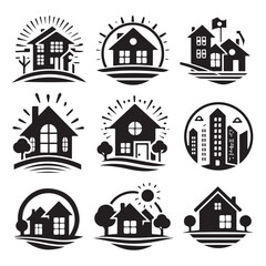 House symbol. Set of real estate objects and houses silhouette vector on white background