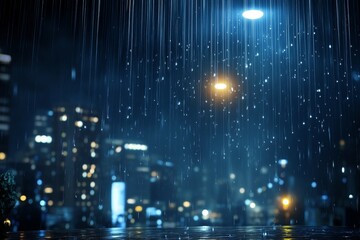 A night cityscape is bathed in the soft glow of streetlights and illuminated by the cascading rain, creating a tranquil and ethereal atmosphere. The rain symbolizes cleansing, renewal, reflection, and