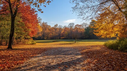 Obraz premium A picturesque autumn scene showcasing a pathway through a park, surrounded by colorful trees with golden and red leaves. The vibrant foliage represents the beauty of nature's transition into the coole