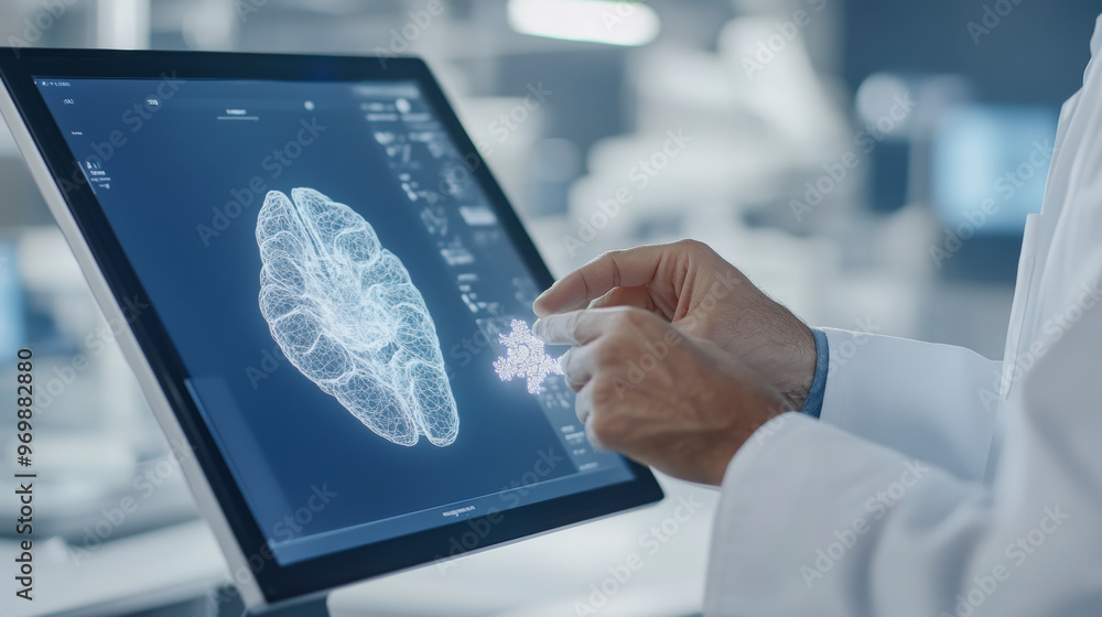 Poster a scientist examines a 3d brain model on a digital touchscreen in a modern, high-tech laboratory env