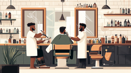 Depict a professional grooming setting, such as a salon or barber shop. Show skilled professionals performing grooming services, like haircuts, facials, or beard trimming.