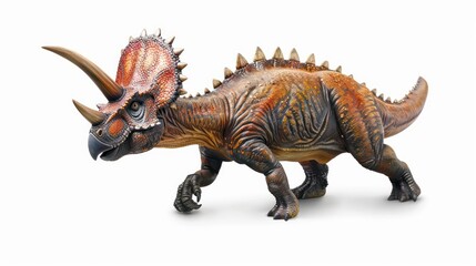 A 3D render of a brown and black dinosaur with a large horn, walking on a white background.